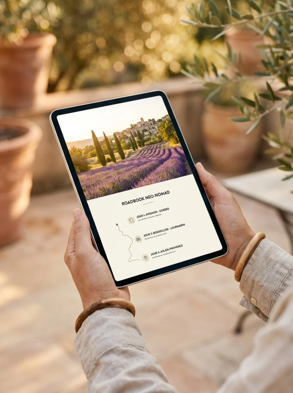 Roadbook Neo-NOMAD ouvert sur une tablette : itinéraire jour par jour en région Sud Provence-Alpes-Côte-d’Azur